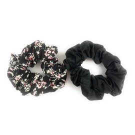 Black floral Black solid set 2 fabric ponytail holder hair tie scrunchies soft rayon fabric