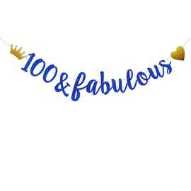 100 & Fabulous Banner,Pre-Strung,No Assembly Required,Funny Blue Paper Glitter Party Decorations for 100th Birthday Party Supplies, Letters Blue,ABCpartyland