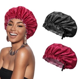 Euqvunn Pack of 2 Silk Bonnet for Sleeping, Adjustable Silk Sleep Cap with Wide Elastic Band, Double-Sided in Two Colours, Protection for Long/Straight/Curly Hair (Black Red)