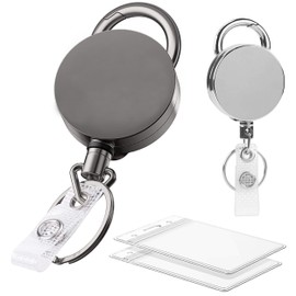 2 Pack Heavy Duty Metal Retractable Badge Holder Reel with Belt Clip Key Ring and Waterproof Vertical Clear ID Card Holder + 2 Extra Carabiner Key Chain Rings, 31 inches Strong Dyneema Pull Cord