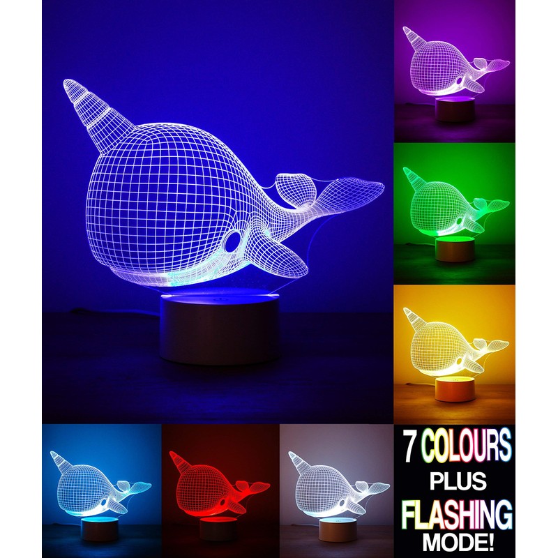 Narwhal 3D Optical Illusion Night Light, Touch Control, LED 7