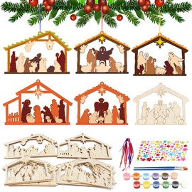 Fennoral 18 Pack Christmas Nativity Craft Kit for Kids Make You Own Christmas Religious Ornament DIY Coloring Wooden Christian Jesus Nativity Craft for Classroom Activities Christmas Party Decoration
