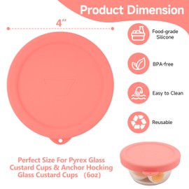 VIOTIIN 4 Packs Silicone Replacement Lids for Pyrex and Anchor Hocking Glass Custard Cups (6oz), Reusable Silicone Food Covers, Dishwasher/Freezer/Microwave Safe (Cups NOT Included)
