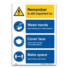 Remember to wash your hands, cover face, keep space Sign, A4 297x210mm, Static Cling WINDOW vinyl, Mandatory Virus Protection Safety