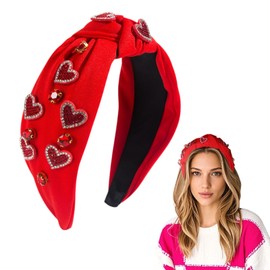 BYETOCE Valentine’s Day Knotted Headband for Women Red Love Heart Headband Jeweled Wide Top Knot Headbands Headpieces Valentines Day Hair Accessories Gifts