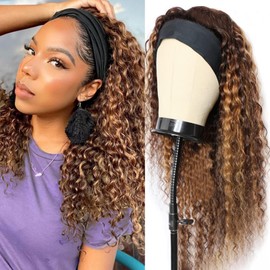28Inch Ombre Highlight Headband Wig Human Hair Deep Wave 4/27 Honey Blonde Human Hair Headband wigs for Black women Glueless None Lace Front Wig Machine Made 180% Density Curly Half Wig Human Hair