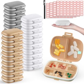 Layhit 30 Pack Travel Pill Boxes Bulk Small Case Portable Pill Organizer 8 Compartments Box Dispenser Daily Vitamin Jewelry Organizer with 256 Pcs Labels 1 Pen(White, Gray, Khaki)