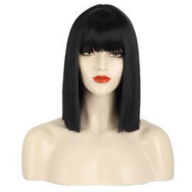 Greenmirr Short Straight Black Bob Wigs with Fringe Heat Resistant Synthetic Hair 12 Inches (Solid Black)