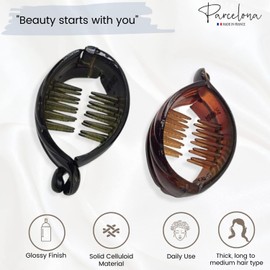 Parcelona French Snapper Medium Celluloid Fish Ponytail Holder Set of 2 Banana Hair Clips for Women (Brown Tortoise Shell N Black 2 Pcs 2 1/4")