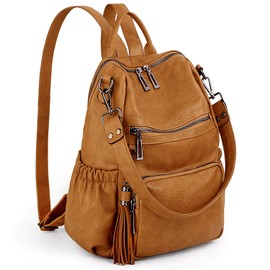 UTO Laptop Backpack Womens Teenage Girls School Bag Ladies Travel Rucksack Multi Compartments Anti Theft Pocket PU Leather Ochre