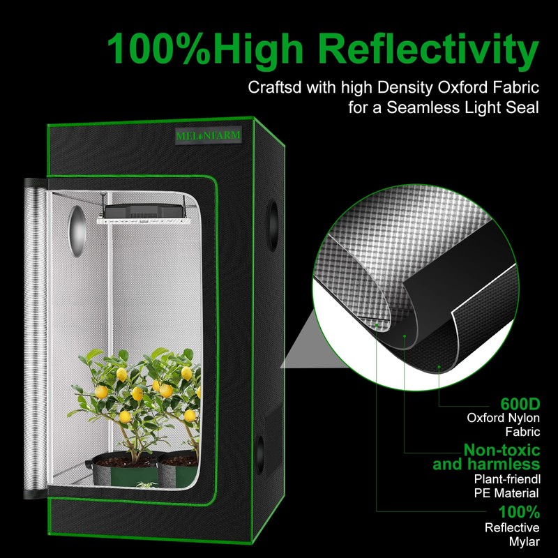 MELONFARM 2x2 Grow Tent, 24"x24"x48'' High Reflective 600D Diamond Mylar