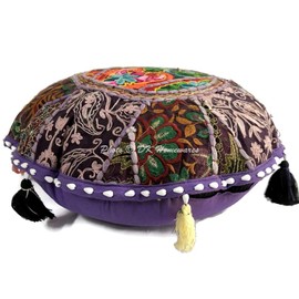 DK Homewares Ethnic Cotton Floor Cushion Cover Removable 45 x 45 cm Oriental Seat Cushion Bohemian Purple Patchwork Embroidered Home Decor Round Vintage Round Chair Cushion - 18 x 18 Inches