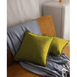 Pagnanno. Set of 2 Soft Velvet Cushion Covers 45x45cm(18x18 Inches) Pom Throw Pillowcases Square Cushion Covers for Chairs,living and bedroom with Invisible Zipper (18"x18" (Pack of 2), Olive Green)