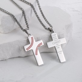 Zocomi Cross Necklace for Men Baseball Pendant Chain Silver Stainless Steel Religious Christian Baptism First Communion Confirmation Philippians 4 13 Jewelry Gift Christmas