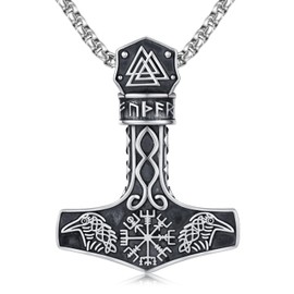 Twoowl Mjolnir Necklace 925 Sterling Silver Thor Hammer Pendant Compass Vegvisir Necklace Raven Necklace Norse Runes Amulet Viking Jewellery Gifts for Women Men