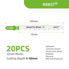 RRRST 20-Piece T144D Jigsaw Blades Jigsaw Blade, Straight and Quick Cuts, Softwood, Carpentry Boards, Construction Wood, Multiplex, Plywood, MDF and Chipboard, Cutting Depth 5-50 mm
