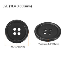 HARFINGTON 100pcs 32L Sewing Buttons 3/4"(20mm) Resin Round Flat 4-Hole Craft Buttons for Sewing Clothing and DIY, Black