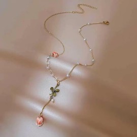 IQUQIXL Lily of the Valley Necklace for Women, Green Paint Leaves and Lily Flower Pearl Pendant Floral Tassel Charm Wedding Spring Summer Jewelry (Style 7)