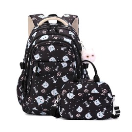 2Pcs Girls Backpack for Kids School Bag with Lunch Bag, Cats Print Backpack for School Girls Bookbag, Black