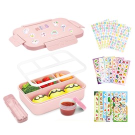 Bugucat Bento Lunch Box 1300ML with 16 Stickers - Leak-Proof with 4 Compartments, Cutlery for Kids and Adults - Snack Box for School, Kindergarten, Office,Pink