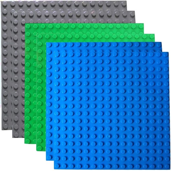 Large Building Plate 25.5 x 25.5 cm, Base Plate for Duplo Sets, Construction, Green Blue Grey Base Plate (Pack of 6)