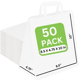 JET PAPER BAGS - 8.5”x4.75”x10” Inch [50 Pcs] Medium Gift Bags with Handles Bulk Prime Kraft Bags for Gifts, Grocery, Goody, Retail, Party, Weddings - Kraft Paper Gift Bags (White 50 PCS Count)