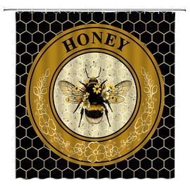 BNYARH Honey Bee Shower Curtain Bees with Daisy Flower Leaf Geometry Honeycomb Modern Farmhouse Black Fabric Bath Curtains Bathroom Polyester Plastic Hooks 70x70Inch Darkgoldenrod, 70×70 lnch