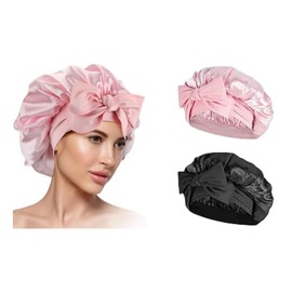 Leitungg Newest Satin Silk Bonnet,Comfortable Sleep Caps for Frizz Control and Hair protection [black and blush pink].