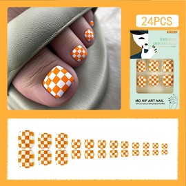 Summer Press on Toenails Orange White Fake Toenails with Checkerboard Pattern Designs Short Square Acrylic Stick on Toe Nails Gradient False Nails Reusable Glue on Nails for Women 24Pcs