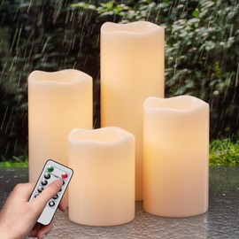 DRomance Waterproof Outdoor Flameless Candles with Remote and Timer White Plastic Battery Operated LED Flickering Pillar Candles Wedding Dinner Garden Home Holiday Decor(3" D x 4",5",6",8" H)