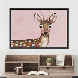 SIGNWIN Framed Canvas Print Wall Art Pastel Watercolor Baby Forest Deer Fawn Nature Animals Illustrations Modern Art Portrait Colorful Multicolor for Living Room, Bedroom, Office - 24"x36" Black