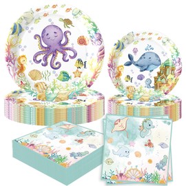 52 PCS Ocean Plates and Napkins Under the Sea Decorations for 16 Guests Sea Animal Underwater Beach Summer Birthday Party Supplies