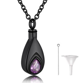 GoldChic Stainless Steel Memorial Urn Necklace for Ashes Women Men Necklace with Teardrop Cubic Zirconia Urn Pendant Black Ash Amulet for Keepsake with 51 cm + 5 cm Chain, Stainless Steel, Cubic