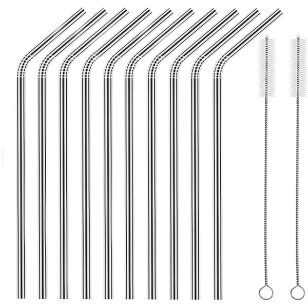 Set of 10 Stainless Steel Straws, HuaQi Bent Reusable Drinking Straws 10.5'' Long 0.24‘’ Dia for 30 oz Tumbler and 20 oz Tumbler, 2 Cleaning Brush Included (10 Bent Straws + 2 Brushes）