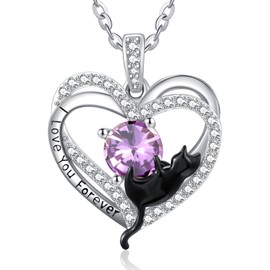 June Birthstone Alexandrite Jewelry Cat Necklace for Mom Sterling Silver Black Cat Heart Pendant Necklace Cute Animal Jewelry Gifts for Women
