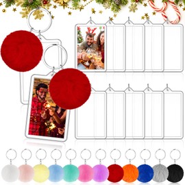 Henoyso 12 Pcs Photo Ornaments for Christmas Tree 2 x 3 Inches Picture Frame Keychain Acrylic Christmas Photo Frame Ornament Rectangle Acrylic Keychain Blanks with Colorful Fluffy Poms