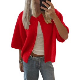 LOMON Womens Spring Summer Short Sleeve Cardigan Sweaters Trendy Crew Neck Button Down Lightweight Knit Outfit Y2k Clothes (Red, L)