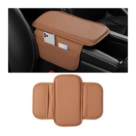 Sandfren Car Center Console Cover, Leather Vehicle Armrest Cushion with 2 Storage Bags, Automotive Interior Arm Rest Seat Box Pad Accessories, Universal for SUV, Sedan, Truck (Brown)