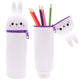 Nnicorns 2-in-1 Silikon Kawaii Federmäppchen, Weiche Silikontasche, Kawaii Federmäppchen, Federtasche aus weichem Silikon für Stifte (Kaninchen, Weiß)