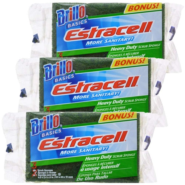 Brillo Basics Estracell Heavy Duty Scrub Sponge, 3 Count, Pack of 3 (Total of 9)