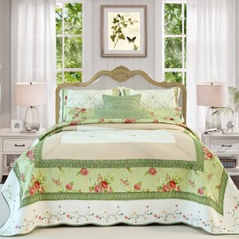 EVENHUG 100% Cotton Patchwork Quilt Queen Size Set Lightweight Floral Queen Quilts Bedding Set Bedspread Coverlet Reversible Bed Cover with Pillow Shams for All Seasons 3 Pieces (92"X96")