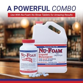 Nu-Foam Liquid Detergent for Bar Glassware – Original Streak-Free Solution - Hand Washing Bar, Tavern, Brewery Supplies - Spotless Serving Glasses - Concentrated- Easy On Hands - 1 Gallon- 4 Pack Case
