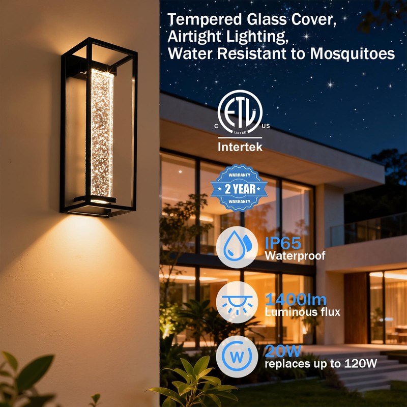 16 Inch Modern Outdoor Wall Sconce, Matte Black Waterproof Exterior