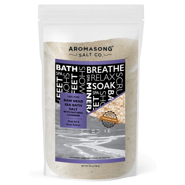 Aromasong RAW Dead Sea Salt with 100% Natural Lavender, 2.43 Lb, Not Cleaned, Still Contains All Dead Sea Minerals Including Dead Sea Mud, Fine Medium Grain Large Resealable Bulk Pack.