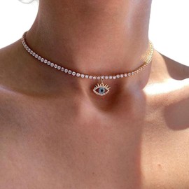 TseenYi CZ Evil Eye Necklace Gold Rhinestone Eye Choker Necklace Crystal Evil Eye Pendant Necklace Sparkling Rhinestone CZ Tennis Chain Necklace Crystal Necklace Jewellery for Women Girls