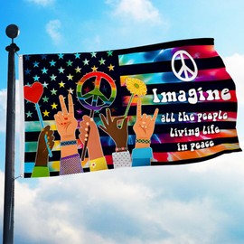 3ply Double Sided - Hippie Grommet Flag Imagine All The People Living Life In Peace Flag Banner for Premium Heavy Duty Durable Garden Decoration Outdoor and Indoor Flags with 2 Grommets (3x5ft)