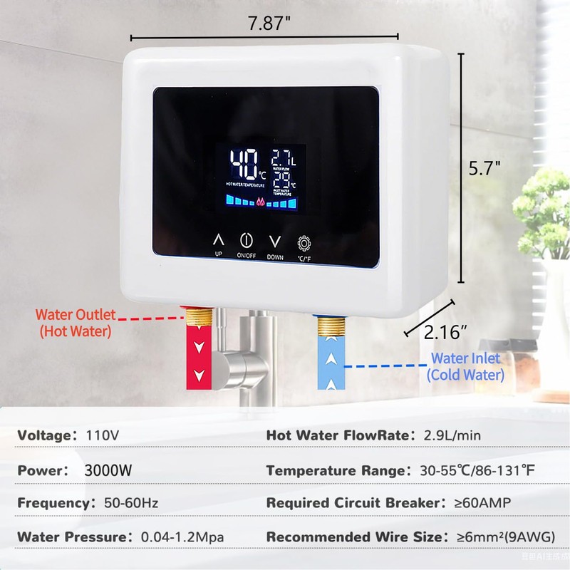 Aottop Electric Tankless Water Heater 110V 3000W - Instant Hot