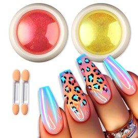 2 Jars Chrome Nail Powder Red and Gold Aurora, Iridescent Fairy Fine Chrome Shining Rubbing Dust Metallic Mirror Effect Pigment, Pearlescent Mermaid Pearl Glitter Nail Powder Kit for Nail Decoration