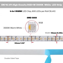24 Volt Brightest RGBW 4IN1 LED Strip Light RGB+Warm White, 5m/16.4ft Dense 600 LEDs High Lumen 5050 10mm Cuttable Bendable Flexible LED Tape Light for Bedroom and Ceiling (RGB+3000K, IP20 White PCB)