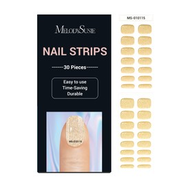 MelodySusie Semi Cured Gel Nail Strips, Glitter Golden - Works with Any Nail Lamps, Salon-Quality, Long Lasting, Easy to Apply & Remove - Includes 30Pcs, 2 Prep Pads, Nail File & Wooden Stick